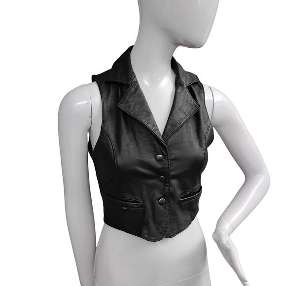 Vintage 90s She Said Leather Vest Size XS Black Fabric Back Snap Buttons Pockets - Picture 2 of 9